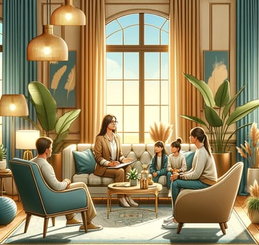 a family sitting in a living room with a couch and two children
