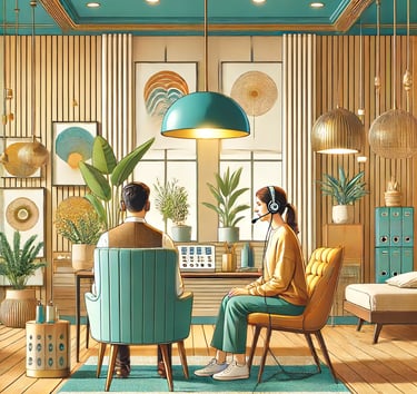a man and woman sitting at a desk in a room