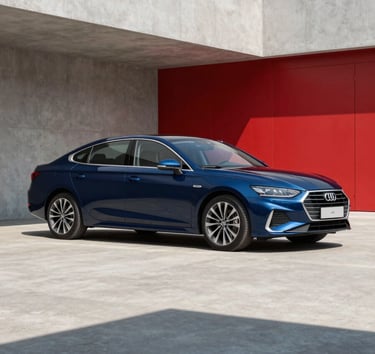 A clean modern sedan parked in an architectural concrete space, sharp daylight, deep blue and crimson accents, 35mm lens
