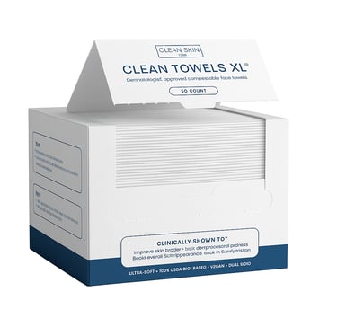 Box of Clean Skin Club XL disposable face towels in white packaging