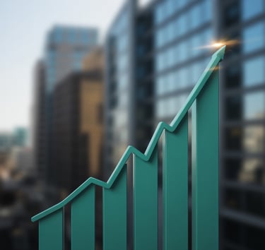 Gráfico ascendente diante de prédios, simbolizando crescimento financeiro