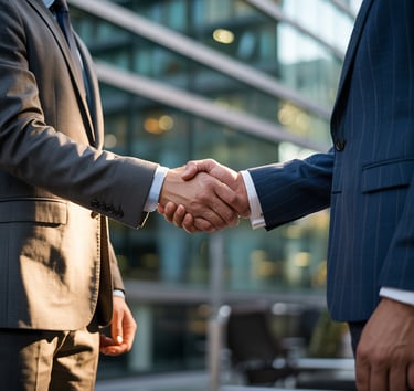 Aperto de mãos em ambiente corporativo, simbolizando confiança