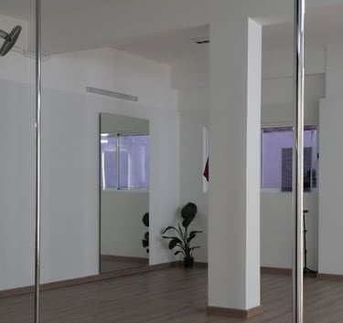 Un estudio de baile o ejercicio con dos postes verticales de metal en primer plano. El techo es negr