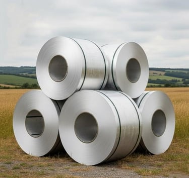 Aluminium coil front view showing smooth metallic surface for export listing.