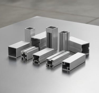 Top view of aluminium extrusion sections highlighting shape and thickness