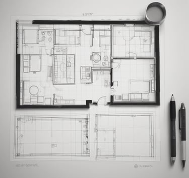 a drawing of a house plan with a pencil and a pen