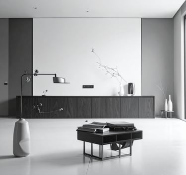 a living room with a table and a vase with flowers