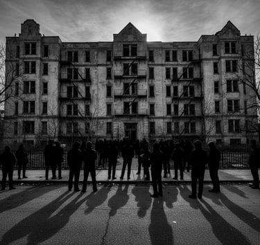 a group of people standing in front of a building