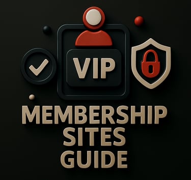 VIP badge, shield with padlock and checkmark icon above the text ‘Membership Sites Guide