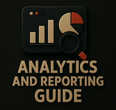 Dashboard with charts, pie graph and magnifying glass above the text ‘Analytics and Reporting Guide