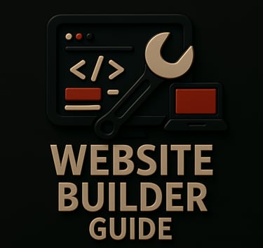 Monitor with code symbols and wrench icon above the text ‘Website Builder Guide