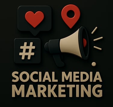 Graph icon, heart symbol, and hashtag representing strategic social media marketing and audience gro