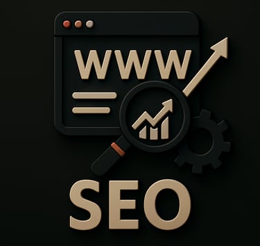 Browser window, magnifying glass, and upward trend icon representing search engine optimization serv