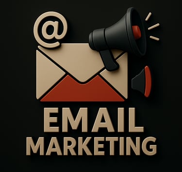 3D envelope with megaphone and @ symbol above the words "Email Marketing", representing digital emai