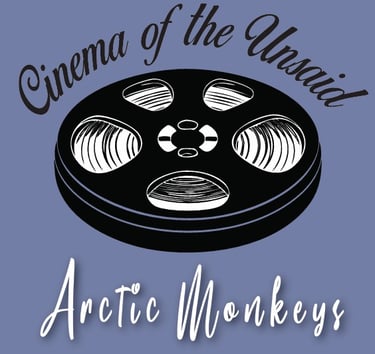 Stylized graphic featuring a black-and-white film reel centered on a muted blue background