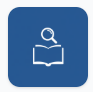 Blue square icon with a white line art book and magnifying glass for research and search functions.