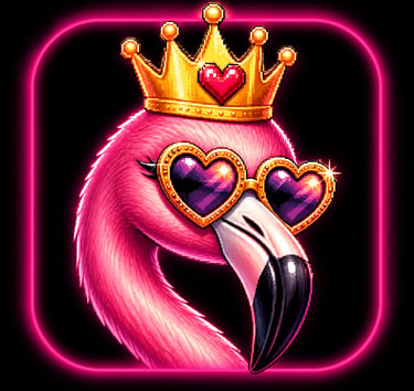 Pixel art pink flamingo wearing a gold crown and heart-shaped sunglasses in a neon pink frame.