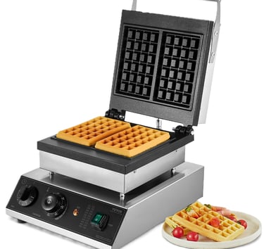 Professional commercial waffle maker with non-stick plates baking two golden Belgian waffles.