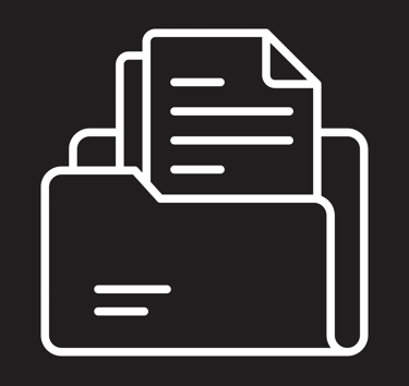 White line icon of a folder containing documents and files on a black background.