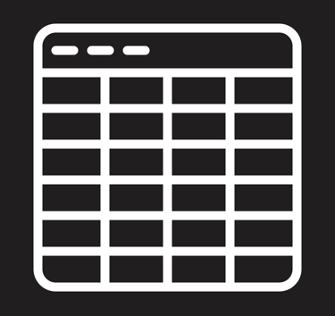 White minimalist spreadsheet icon or data table grid symbol on a black background.