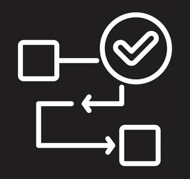 White line icon showing a workflow process with boxes, arrows, and a checkmark on a black background