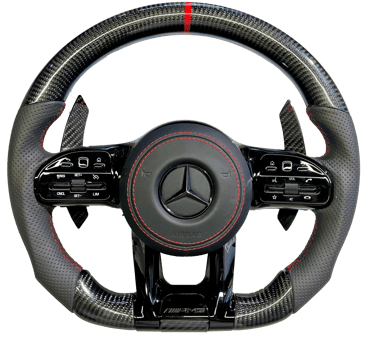 Custom Mercedes-Benz AMG steering wheel featuring carbon fiber, perforated leather, and red stitching.