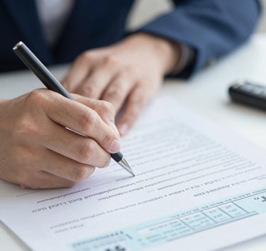A close-up shot of a hand signing an official tax document on a clean, organized desk. A silver car key is visible in the background with a soft bokeh effect. Colors include deep navy #0F1C2E and steel blue #3A6F8B accents.