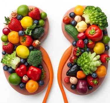 Fresh fruits and vegetables arranged in the shape of human kidneys to represent a healthy renal diet.