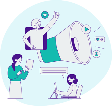 Digital marketing illustration of a team managing a social media campaign with a large megaphone and engagement icons.
