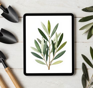 An aesthetic flat-lay of gardening tools, a digital tablet showing a botanical illustration, and fresh olive green leaves on an off-white wooden surface.