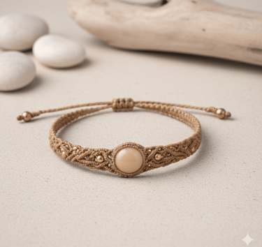 Pulsera de macramé color beige hecha a mano, con una piedra central de piedra luna y cuentas doradas