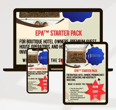 Digital devices displaying the EPA Starter Pack for boutique hotel owners and hospitality investors.