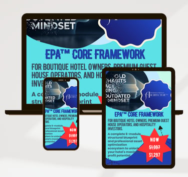 EPA Core Framework training course for boutique hotel owners displayed on laptop, tablet, and smartphone screens.