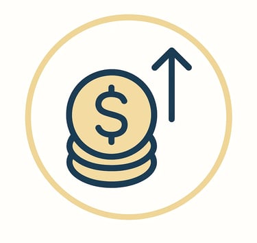 Ikon med mynt och uppåtriktad pil som representerar investerare och tillväxtmöjligheter.