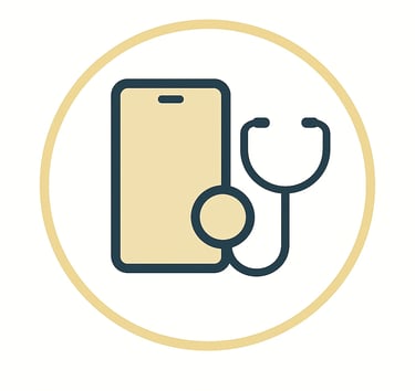 Ikon som visar mobil och stetoskop – symbol för Revaliis Nordic Health System och digital hälsovård.