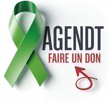 Green awareness ribbon next to the text AGENDT FAIRE UN DON with a red donation arrow.