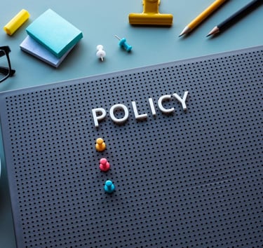 A perforated board with the word "POLICY" in white letters, colorful push pins below