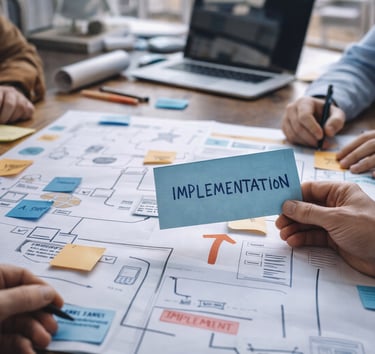 A business team planning project implementation strategy using flowcharts and sticky notes.