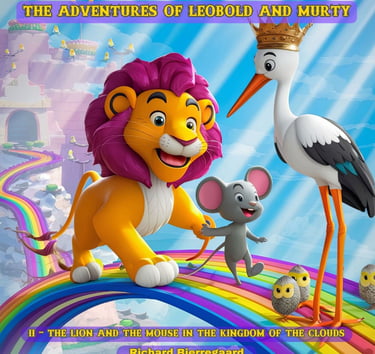 A lion and a mouse on a rainbow with a stork queen