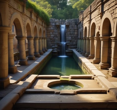 Historic water architecture with detailed stonework and flowing water