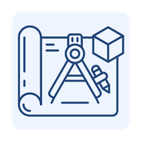 Blue line icon of architectural blueprint with drawing compass and 3D cube for engineering design.