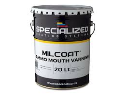 A 20-liter bucket of Specialized Coating Systems Milcoat Ammo Mouth Varnish for industrial application.