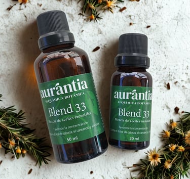 Dos botellas de vidrio ámbar de aceites esenciales Aurantia Blend 33  para aromaterapia