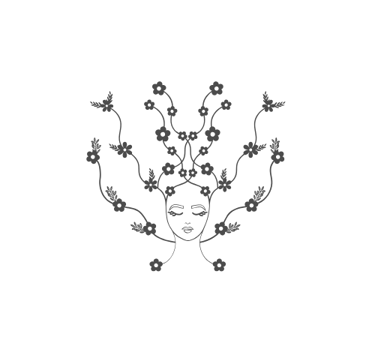Minimalist line art illustration of a woman face with floral vines growing as hair.