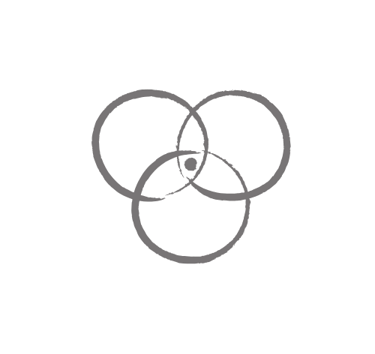 Gray hand-drawn triple interlocking circles logo with a central dot on a white background.