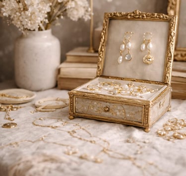 “Caja joyera vintage de oro que exhibe pendientes de perlas y anillos de oro 