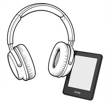 Line art illustration of over-ear headphones next to an e-reader tablet for audiobooks.