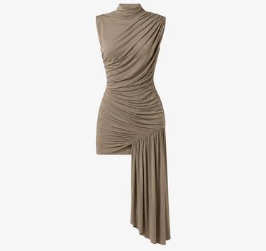 Elegant taupe mini dress with soft ruching and chic asymmetrical silhouette on neutral background