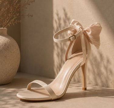 Elegant beige stiletto heel with a delicate bow ankle strap on a soft neutral background.