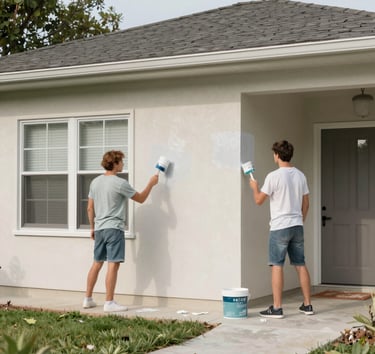 A feature card showing a beautifully painted Auckland living room with off-white walls (#faf7f2), sophisticated furniture, and a floating badge that says '5.0 Stars'. Bright, airy, and inviting atmosphere.